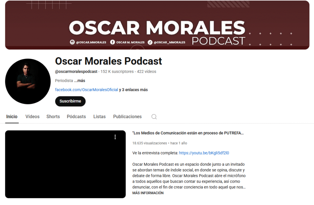 Captura de pantalla del canal de YouTube 'Óscar Morales Podcast', mostrando el logo del podcast, el número de suscriptores y una interfaz de usuario típica con contenido en video.