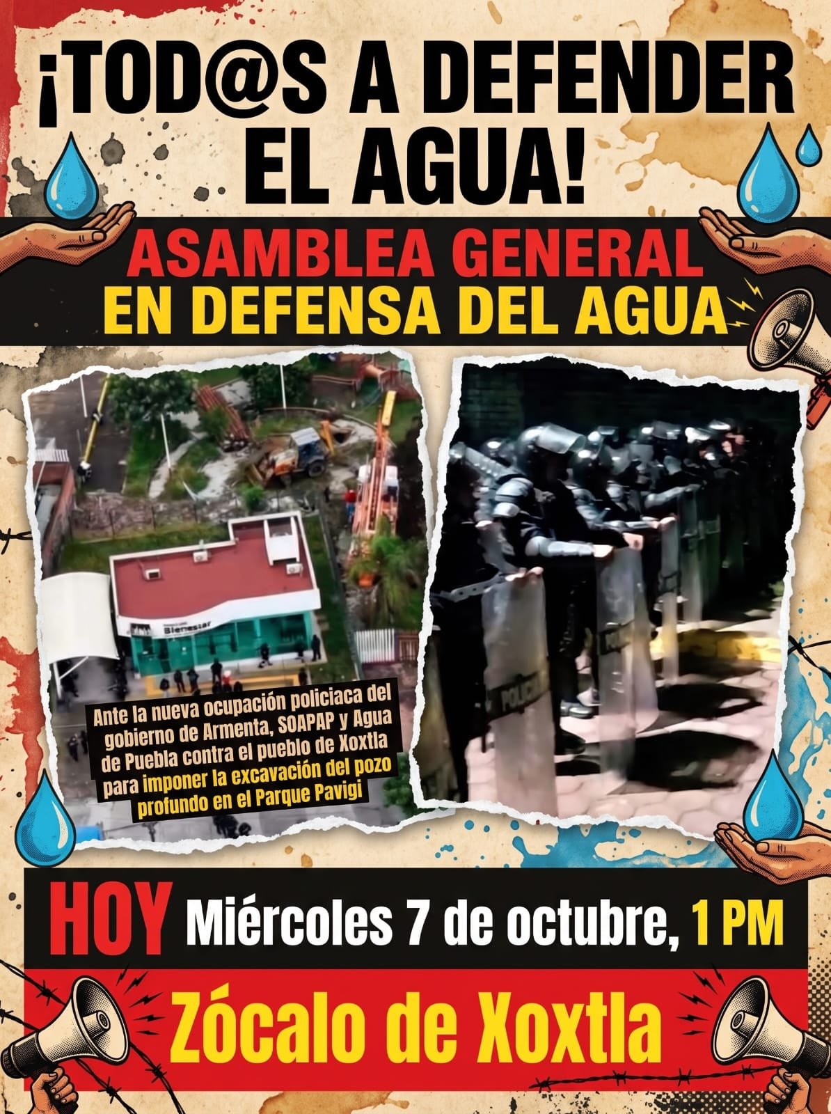 Cartel de convocatoria a la asamblea general en defensa del agua en el zócalo de Xoxtla, 7 de octubre de 2026